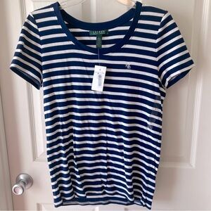 Lauren Ralph Lauren Scoop Neck Striped Short Sleeve Top Size L Navy Blue White